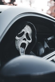 A chilling ghost face mask peeks from a car window, evoking a sense of Halloween thrill.