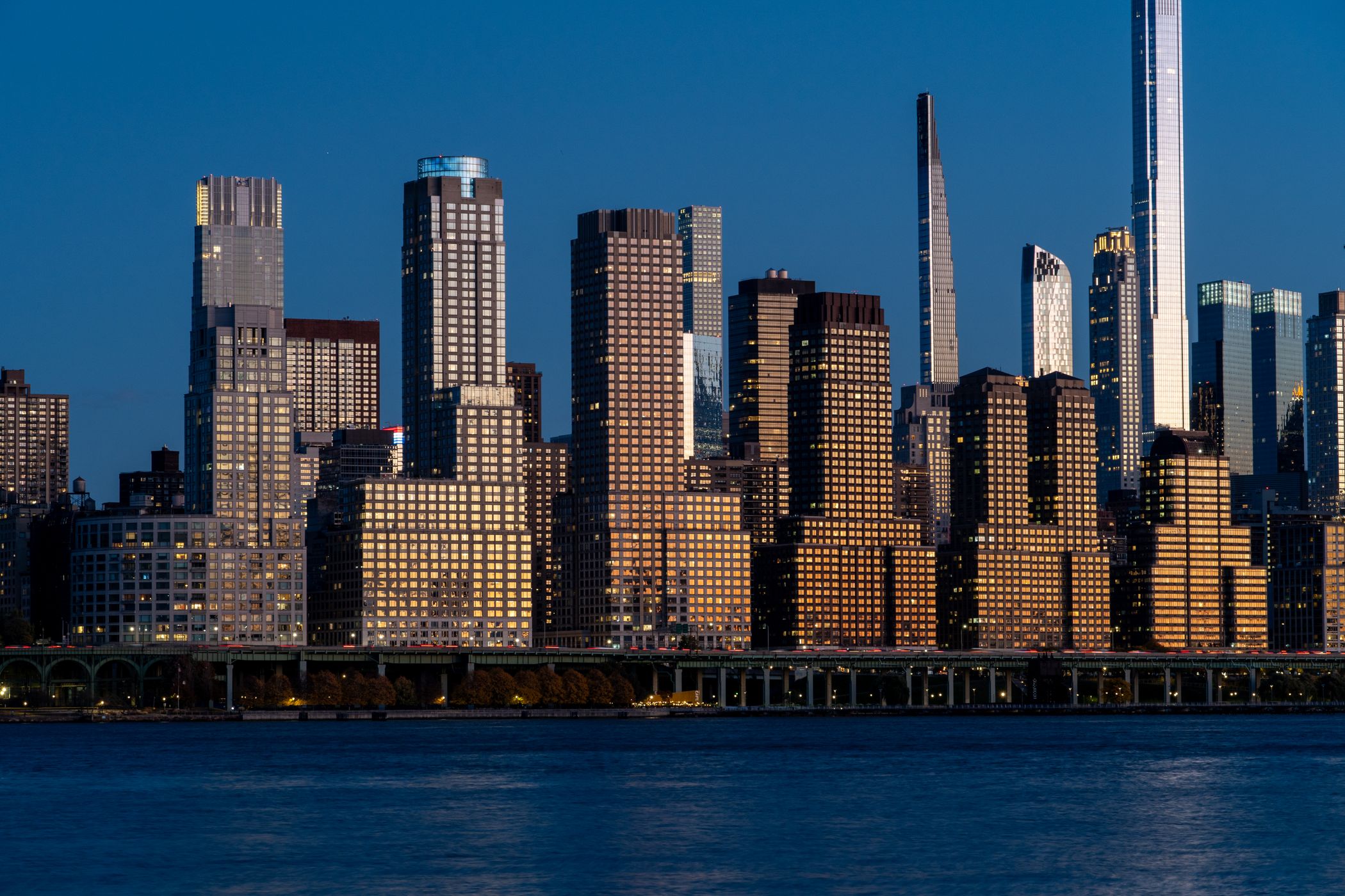 The New York City skyline at dusk