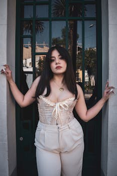 Stylish woman posing confidently against a city backdrop with palm trees.