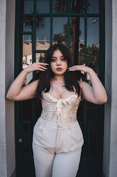 Confident woman in stylish attire poses against a city backdrop, exuding elegance and grace.