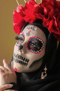Captivating Dia de los Muertos makeup featuring vibrant colors and floral headpiece.