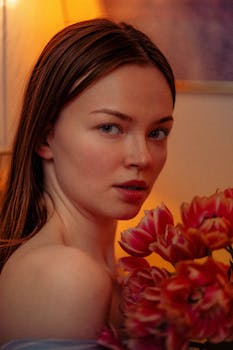 Elegant portrait of a young woman holding vibrant tulips indoors with warm lighting.