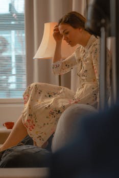 A young woman in a floral dress sits peacefully indoors, creating a serene and classic atmosphere.