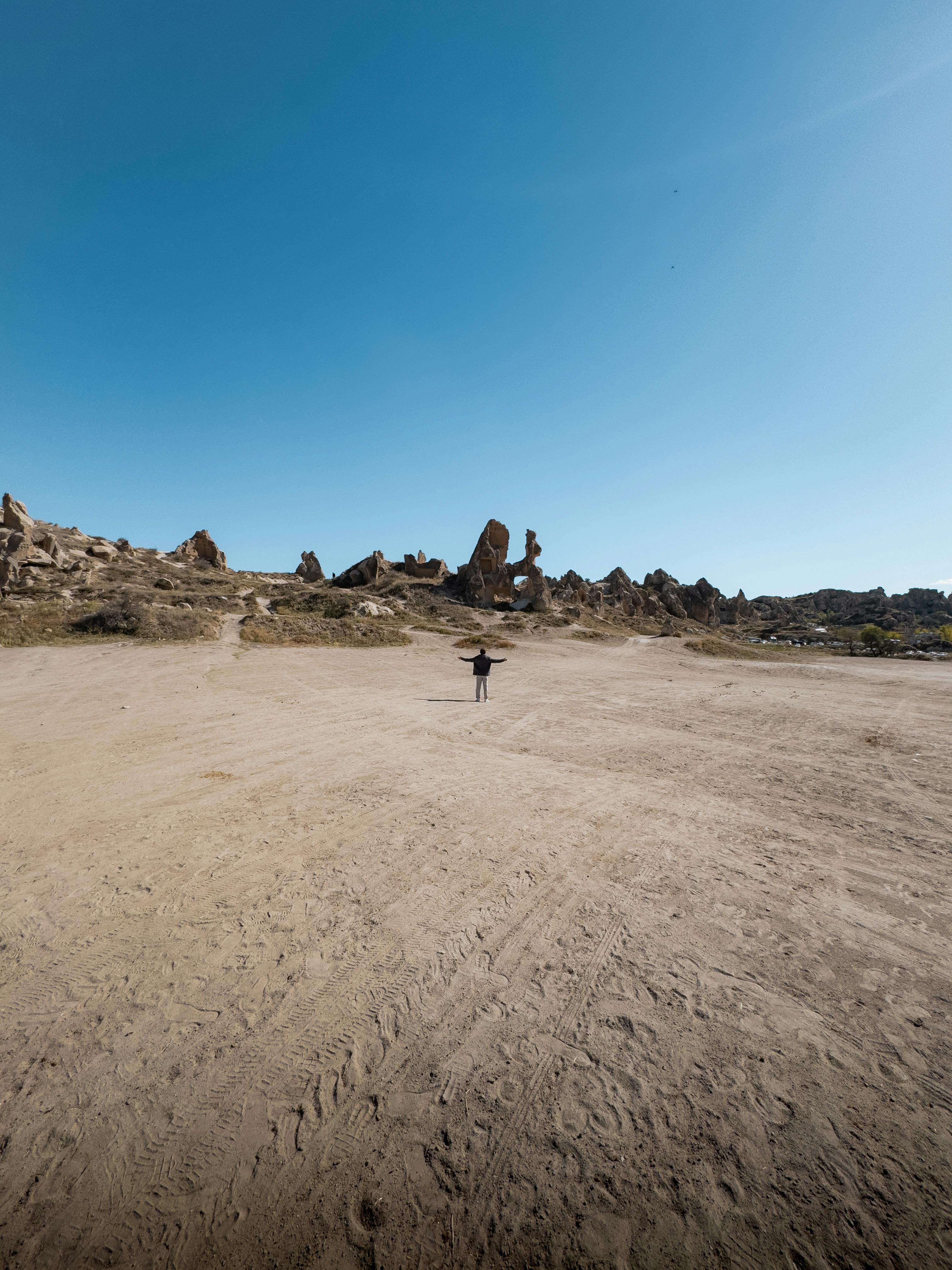 A solitary person stands in a wide open desert with unique rock formations under a clear blue sky.