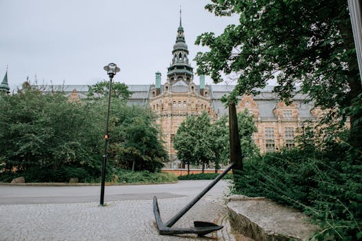 View of the Nordic Museum with historical architecture in Stockholm, Sweden.