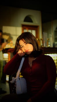 A young woman in a maroon shirt sits thoughtfully in a dimly lit urban cafe.