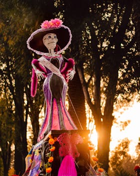 Catrina figure adorned with flowers and vibrant colors at a Day of the Dead celebration, Mexico.