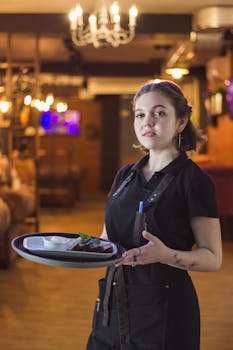 Young waitress in uniform holds a tray with food in a chic, warmly lit restaurant setting.