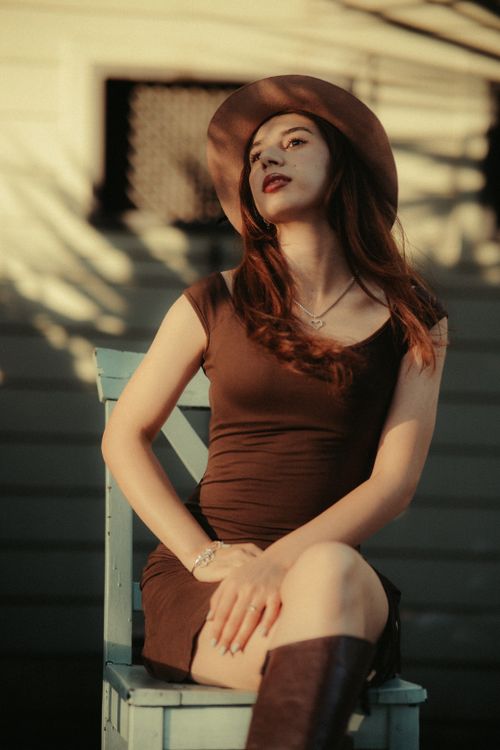 Free A fashionable woman sits elegantly in sunlight, wearing a brown dress and hat. Vintage style portrait. Stock Photo