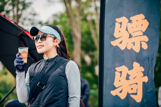 A woman in sportswear enjoying a beverage outdoors, next to a bold Chinese banner.