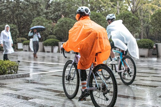 Cyclists wearing rain ponchos ride in the rain on a paved path, showcasing resilience.
