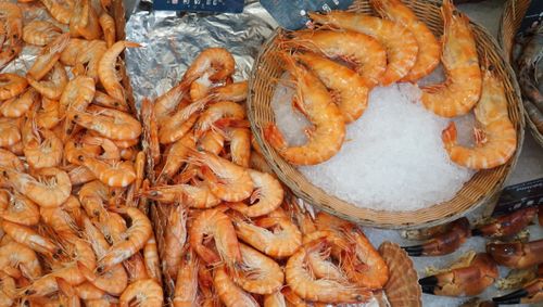 Free Close-up of fresh prawns and seafood on ice at a market stall. Stock Photo