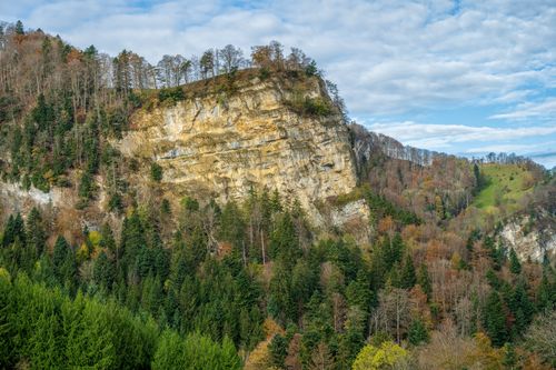 Free Scenic view of a forested cliffside in autumn with colorful foliage and clear sky. Stock Photo