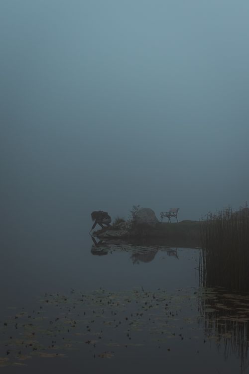 Free Captivating foggy scene with a solitary bench by the tranquil lake in Styria, Austria. Stock Photo