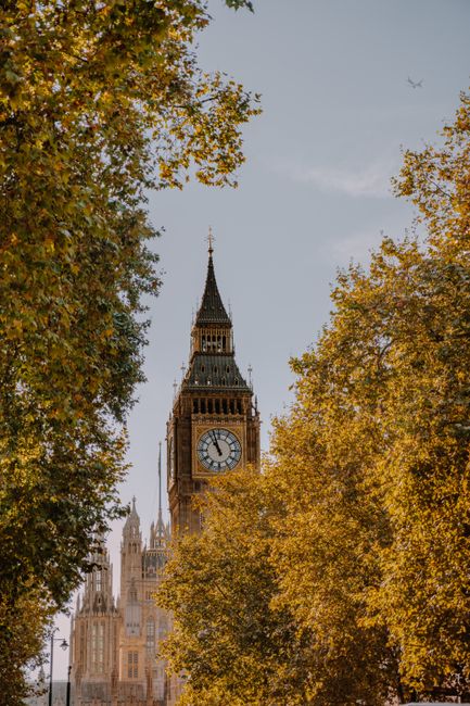 Scenic view of Big Ben in autumn, surrounded by colorful trees.