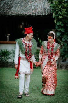 A couple in traditional Nepali attire holding hands outdoors during their wedding photoshoot.