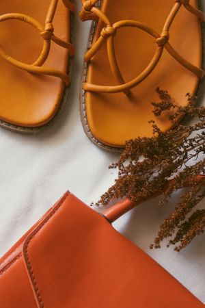 Flat lay of tan sandals and a clay-coloured clutch — photo by Luana Omena on Pexels
