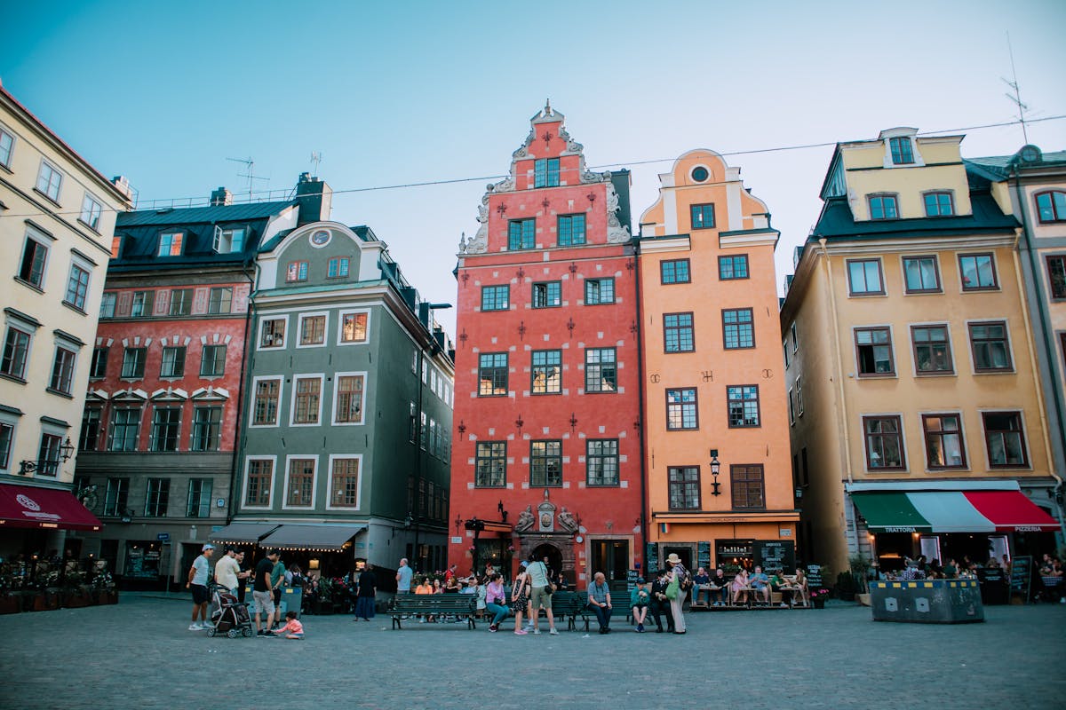 Colourful historic buildings in Gamla Stan — Stockholm\'s medieval island old town at its most characterful