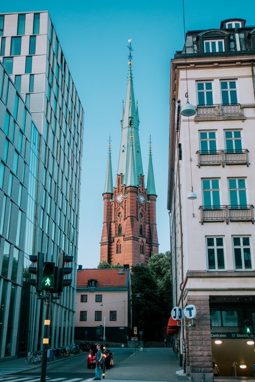 Free Street view of the iconic St. Jacob's Church in Stockholm with surrounding architecture. Stock Photo
