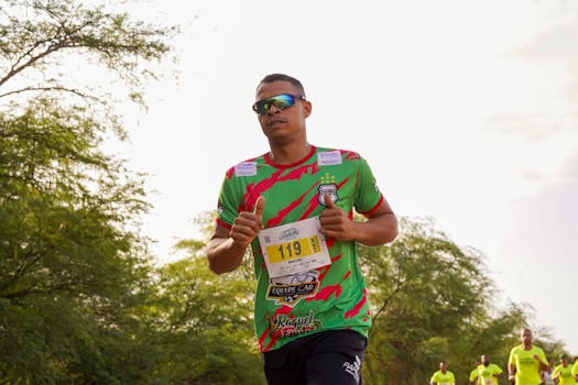Man wearing sunglasses running in marathon with race bib outdoors.