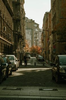 A picturesque urban street view showcasing autumn foliage with parked cars and a person walking.