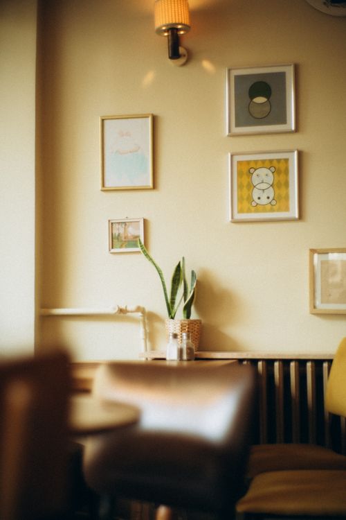 Free Charming corner of an Istanbul café featuring framed art and warm lighting. Stock Photo