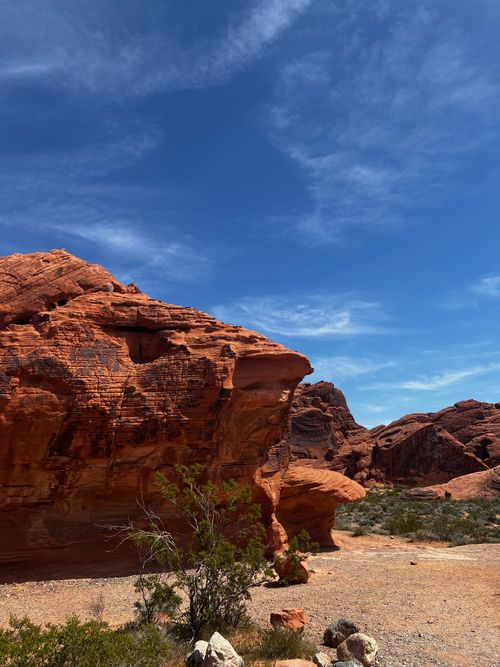Free Stunning view of red rock formations under a bright blue sky in Moapa Valley, Nevada. Stock Photo
