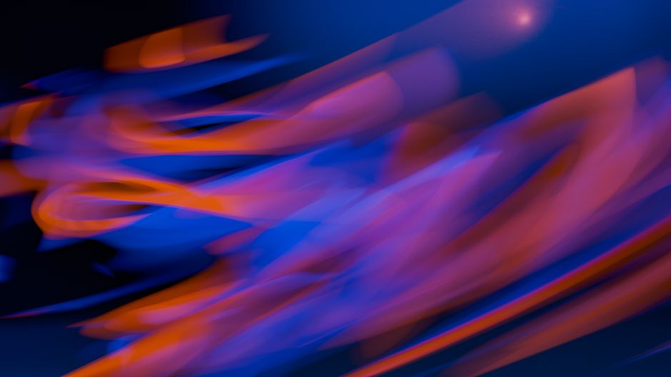 Dynamic abstract image featuring vivid orange and blue neon light trails flowing across a dark background.