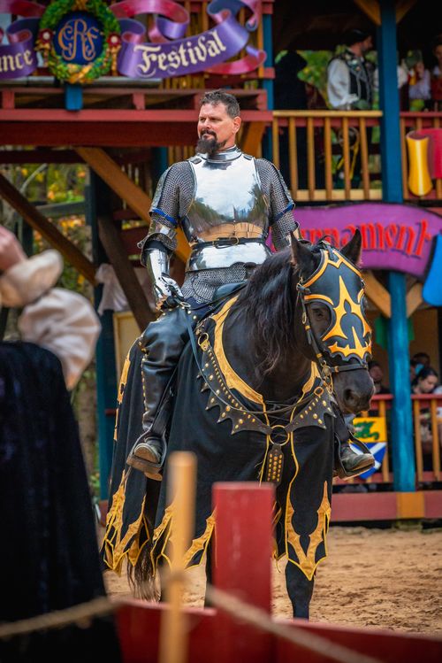 Free A knight in shining armor on a decorated horse at a vibrant Renaissance festival. Stock Photo