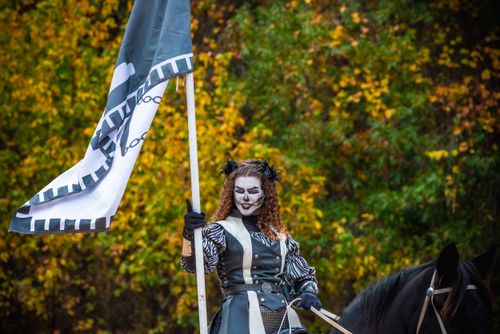 Free A costumed rider with face paint holds a flag, set against vibrant autumn foliage. Stock Photo