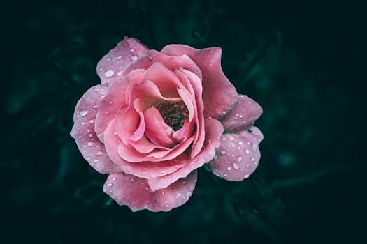 Close-up of a blooming pink rose with water droplets on petals against a dark background.