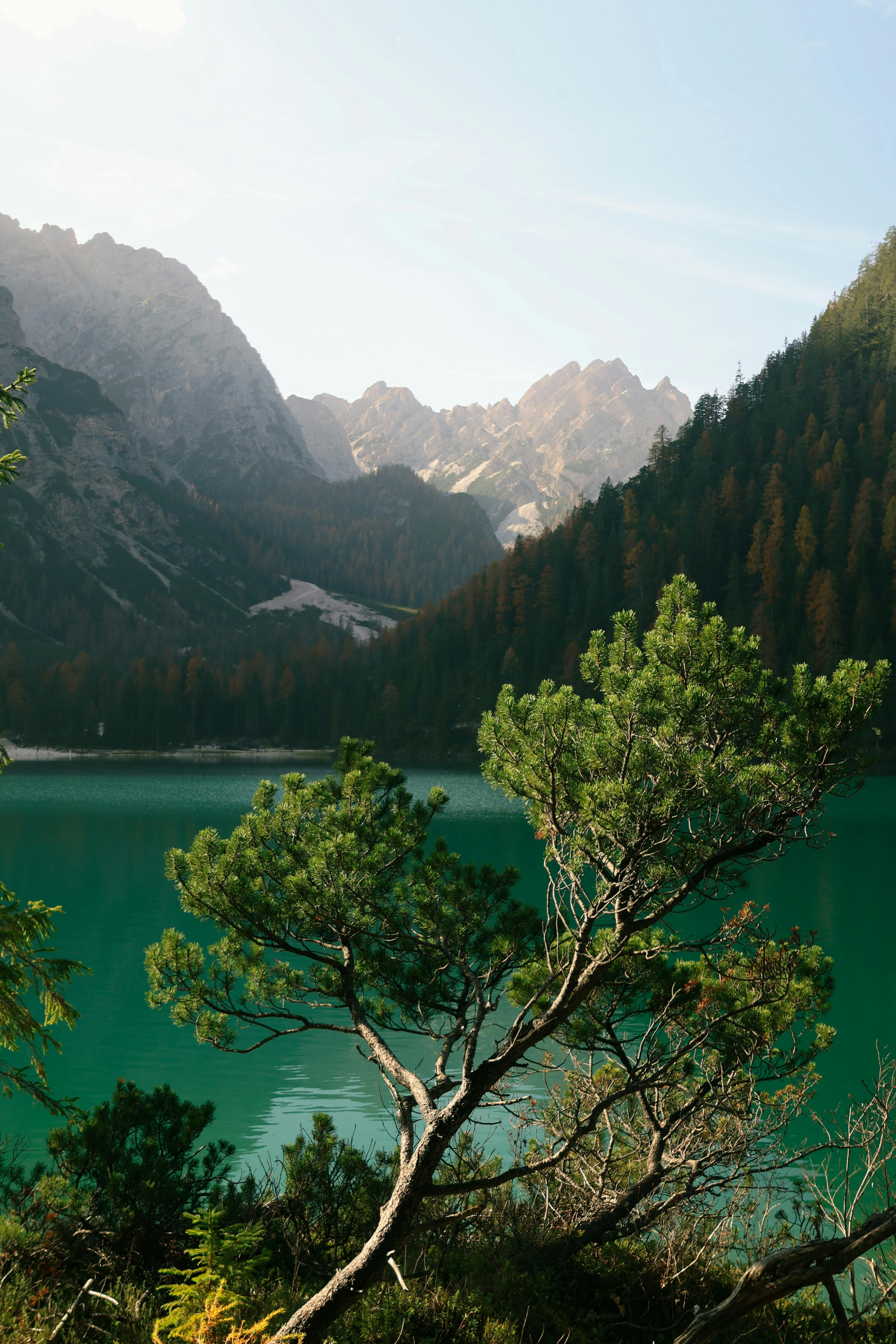 Beautiful autumn scenery of the Dolomites with a tranquil lake and mountain view in Italy.
