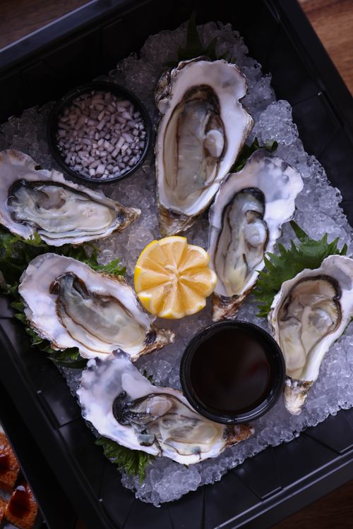 Free A platter of fresh oysters on ice garnished with a lemon slice, ideal for seafood lovers. Stock Photo