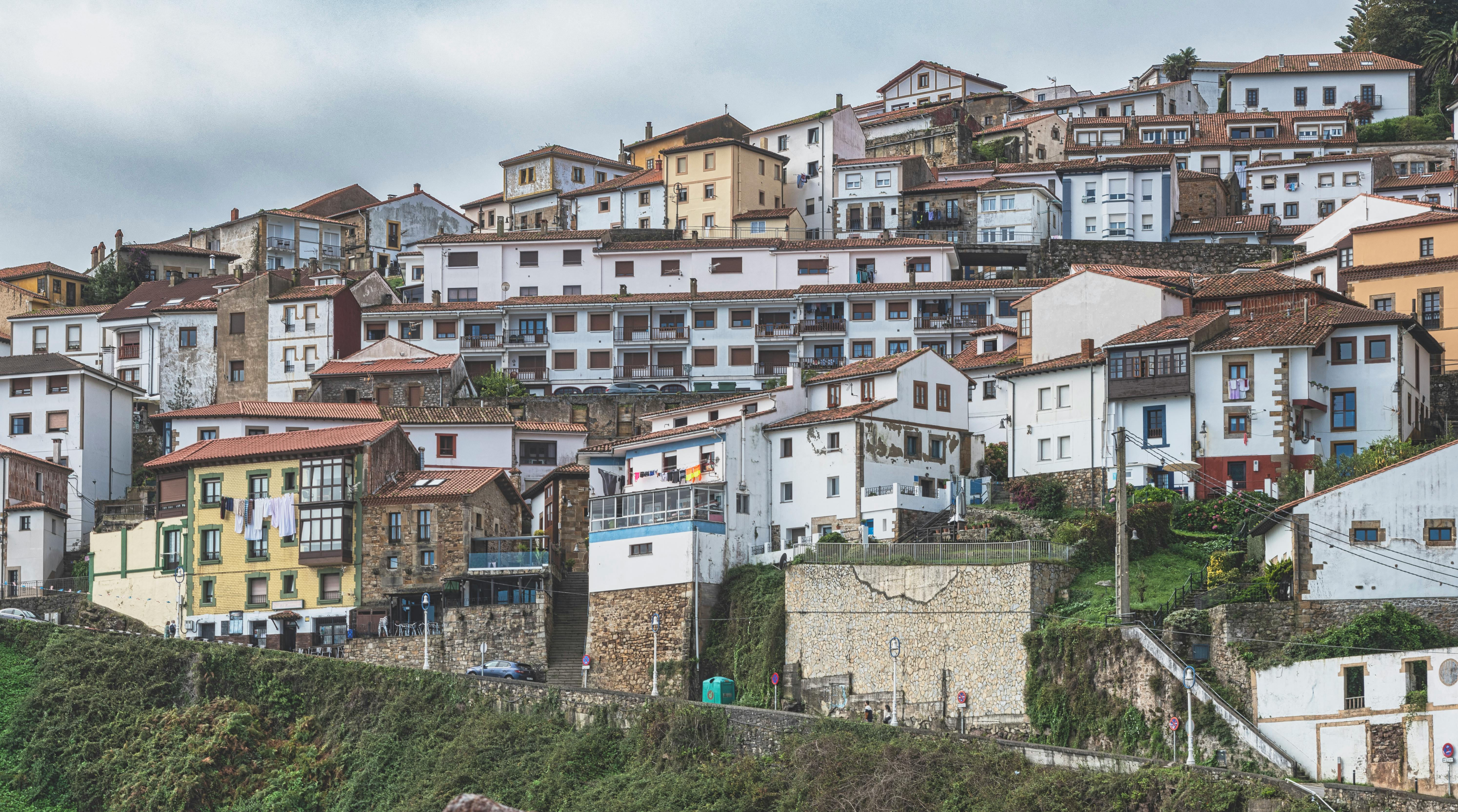 Picturesque hillside village scene of traditional houses in Asturias, Spain.