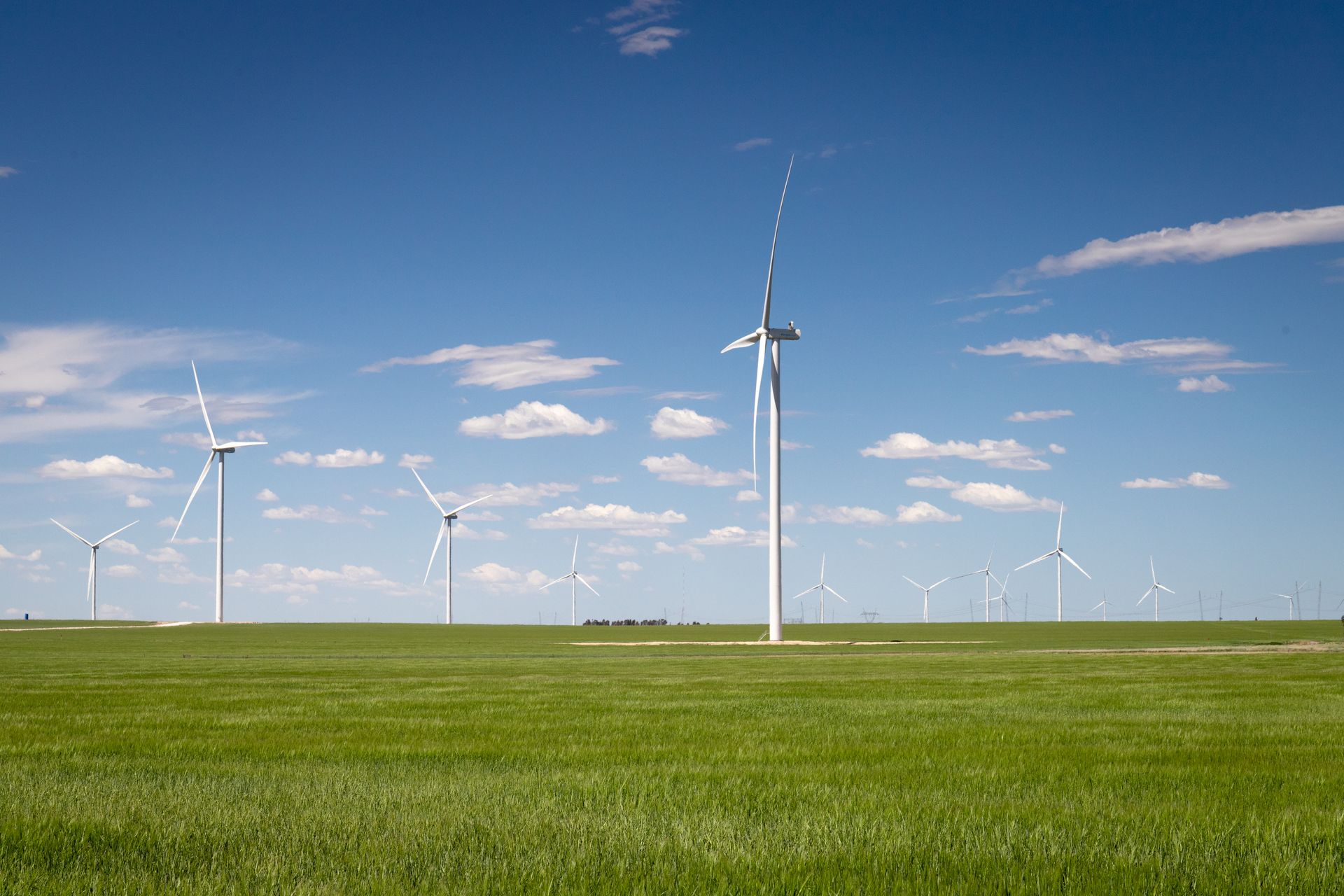 Wind turbines generating renewable energy in a green field under a clear blue sky.