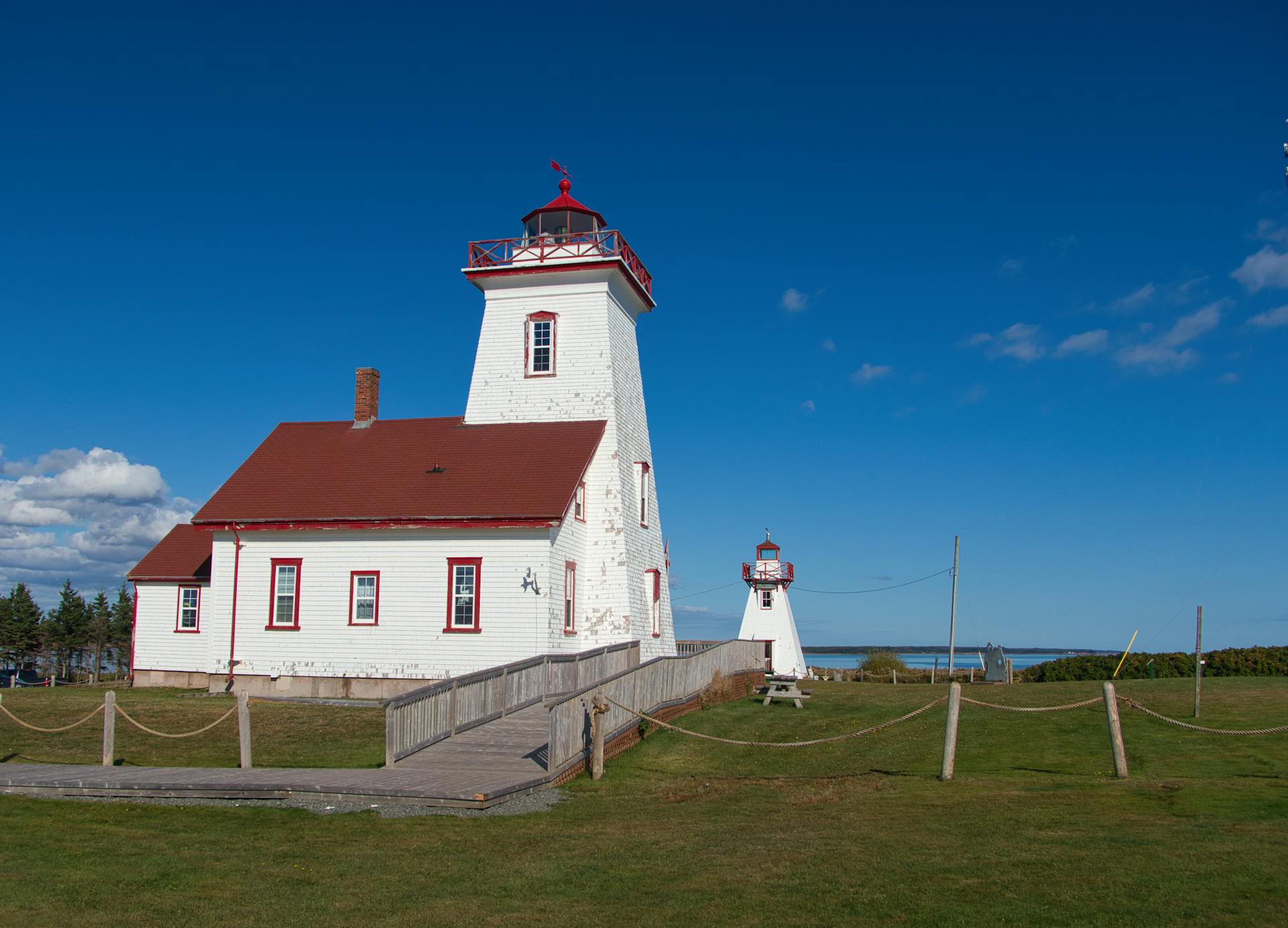 Scenic view of the historic Wood Islands Lighthouse on Prince Edward Island.