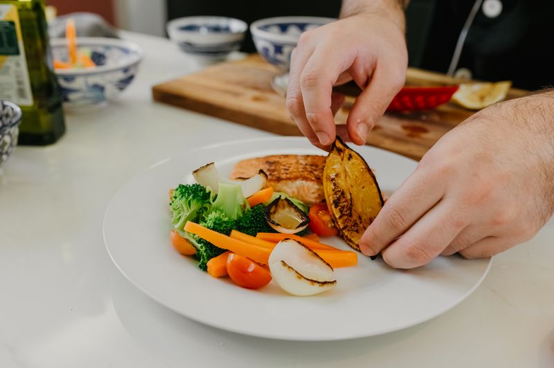 Plated salmon with grilled vegetables