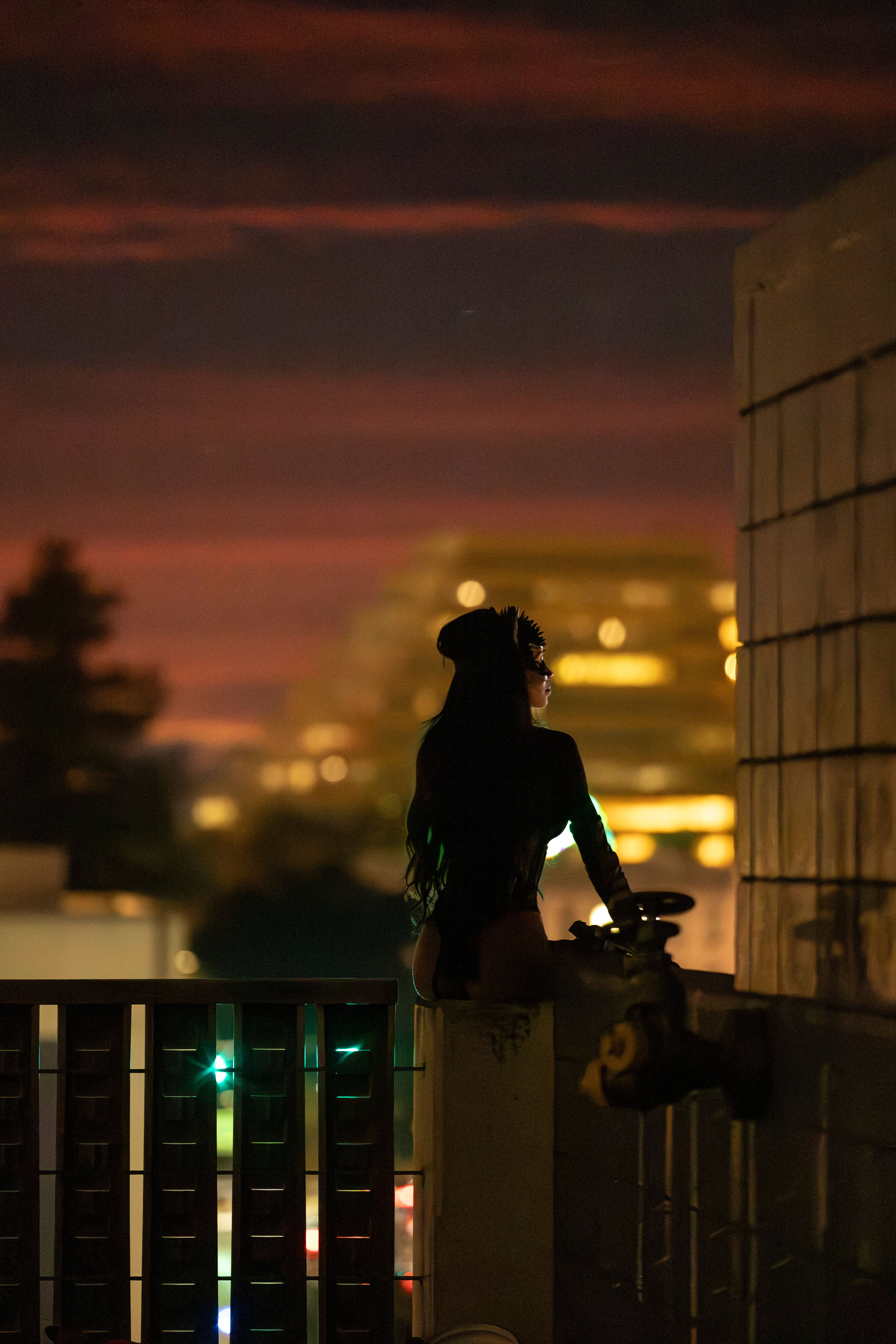 Silhouette of a Woman Overlooking Cityscape at Night · Free Stock Photo