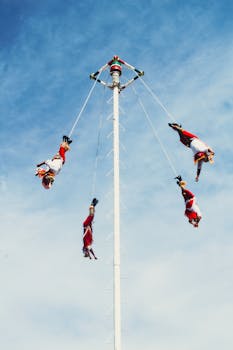 Traditional Voladores de Papantla ritual in Tequila, Mexico against a blue sky.