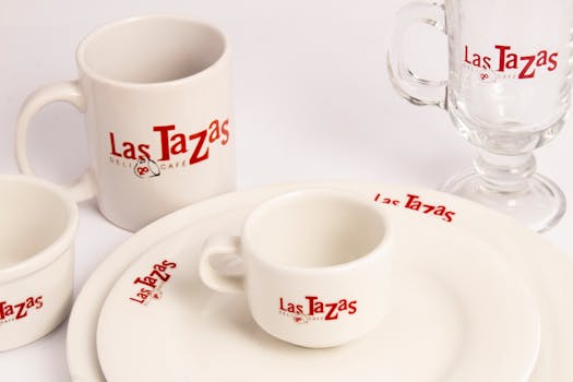 Beautiful white tableware set with Las Tazas Café branding, perfect for elegant dining.
