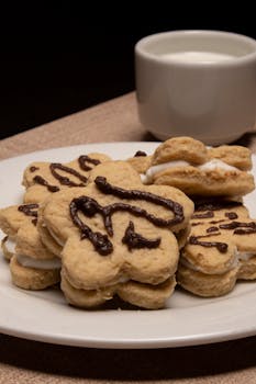 Plate of star-shaped cookies drizzled with chocolate, served with milk.