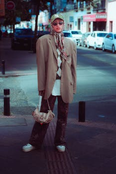 Trendy person in oversized blazer and leopard print scarf on city street.