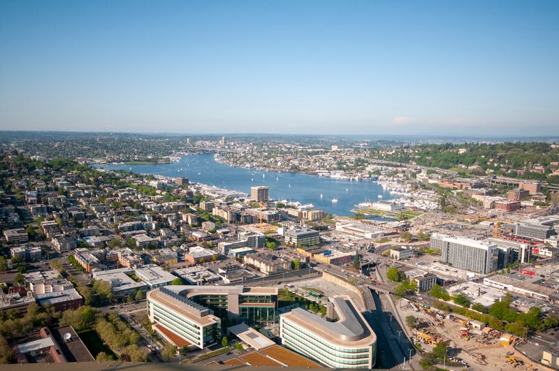 Aerial view of Seattle with Lake Union and downtown skyline