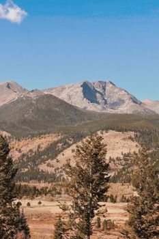Breathtaking view of mountains and forests under a clear blue sky.
