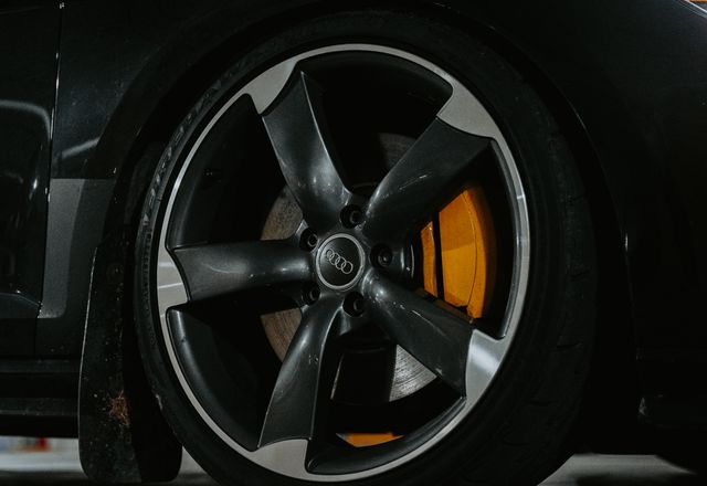 Brake disc with red calliper close-up