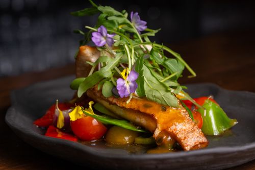 Free Delicious salmon garnished with fresh greens and edible flowers, plated with vibrant vegetables. Stock Photo