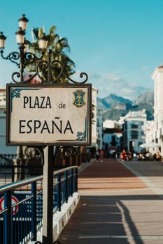 Sign of Plaza de España with scenic view in Nerja, Andalusia, Spain.