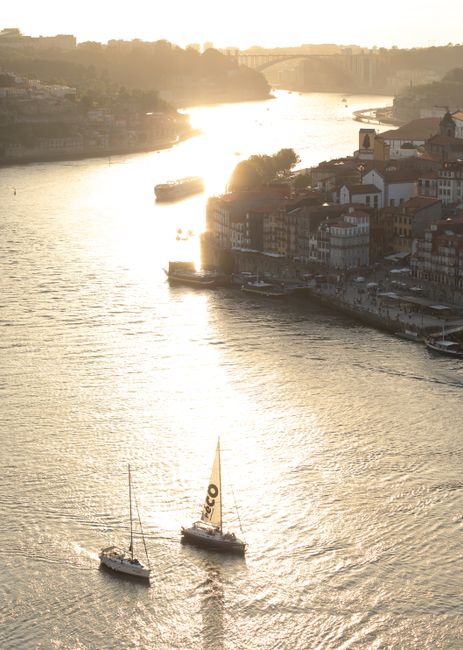 Golden sunset over a river with sailboats and a scenic European cityscape.