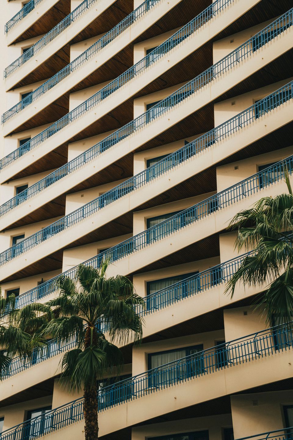 Curved condominium balconies with palm trees in front