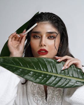 Fashion portrait of a woman featuring a tropical leaf and makeup brush for natural beauty theme.